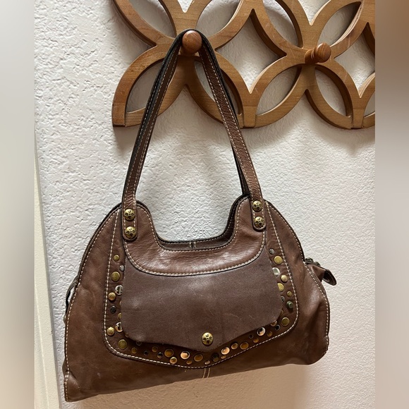 Patricia Nash brown 100% leather handbag purse ergo satchel stud rivets brown - Picture 3 of 9